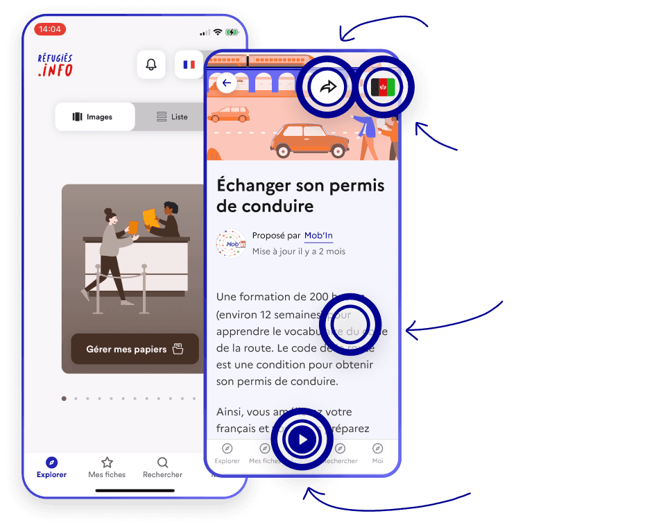 Capture d’écran de l’interface d’une application mobile nommée 'Réfugiés.info'. L’application propose des fiches d’information sur divers sujets liés à l’intégration des réfugiés. L’image met en avant plusieurs fonctionnalités accessibles : un bouton de partage, une option de changement de langue représentée par un drapeau, un contenu écrit en langage clair et simplifié, ainsi qu’un bouton de vocalisation permettant d’écouter les textes. L’interface utilise des illustrations et une disposition épurée pour faciliter la compréhension et l’utilisation.